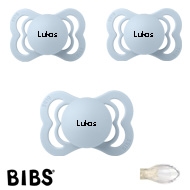 Bibs Supreme Schnuller mit Namen, Symmetrisch, Silikon, Gr.1, Baby Blue, 3'er Pack